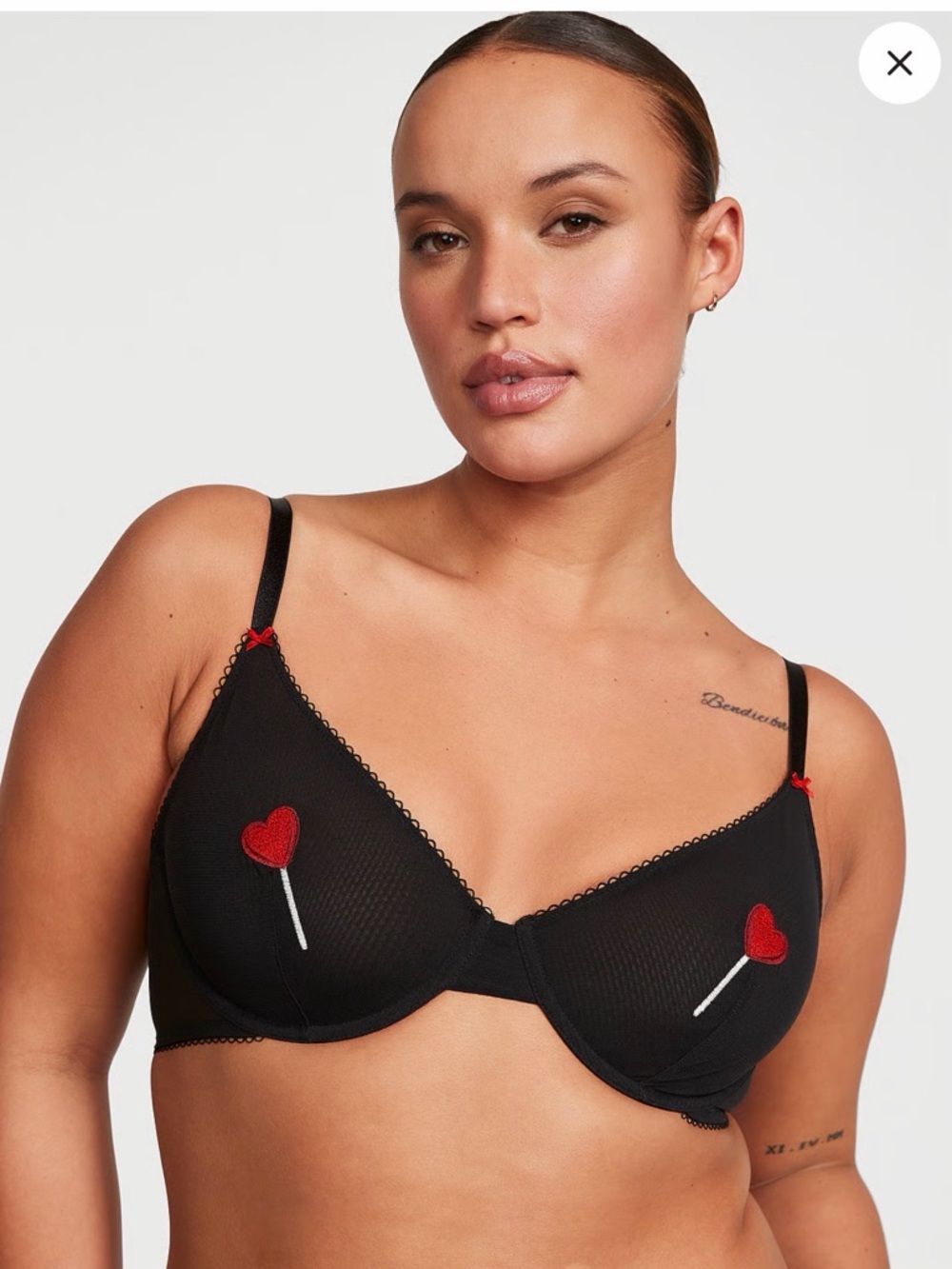 Small VS unlined Mesh Demi bra Black Embroidered Heart Lollipop - Picture 14 of 14